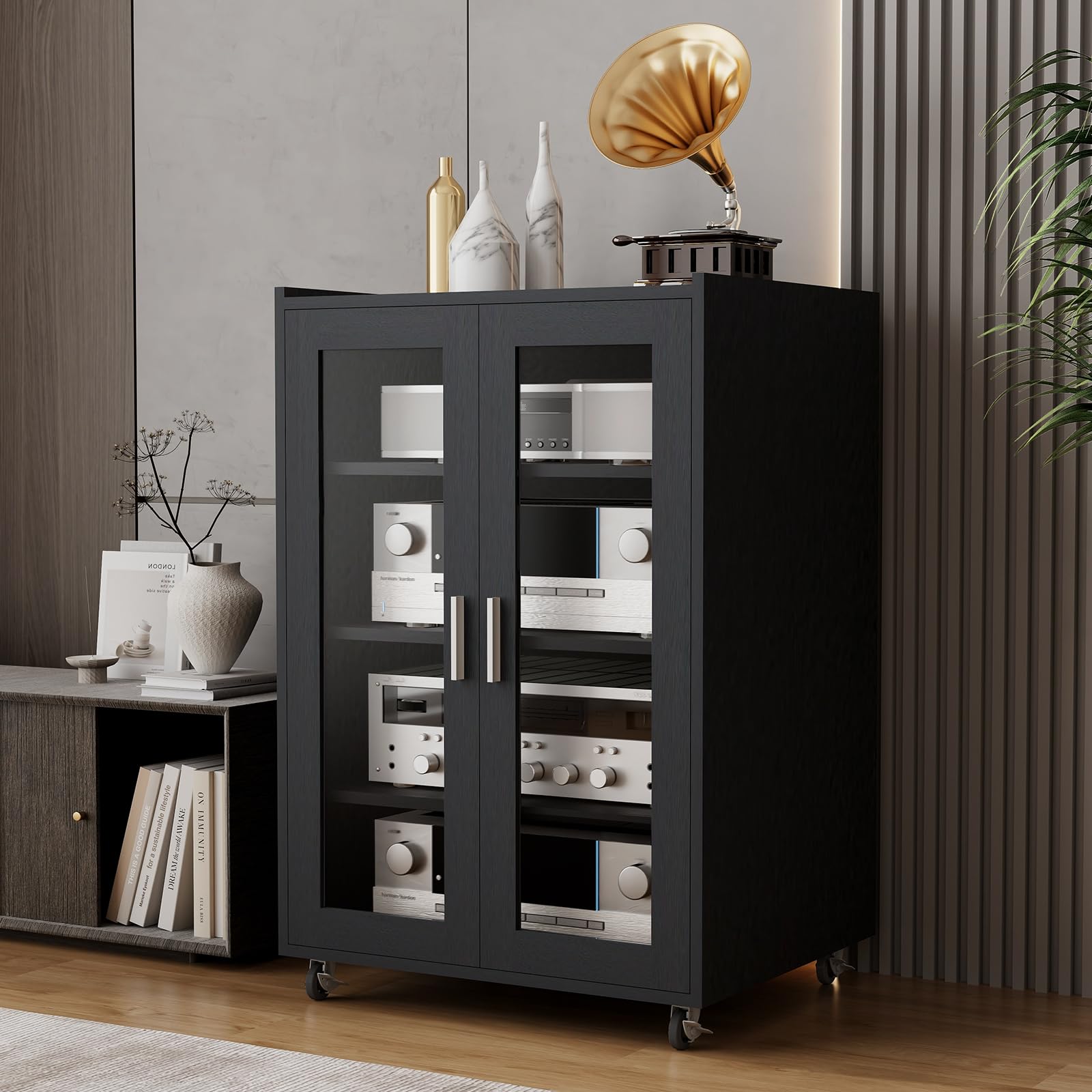 ELECWISH Stereo Cabinet, Media Storage Cabinet, Audio-Video Media Stand with 4 Height-Adjustable Shelves, AV Cabinet Audio Rack with Glass Doors for Meeting, Living, Recording Room