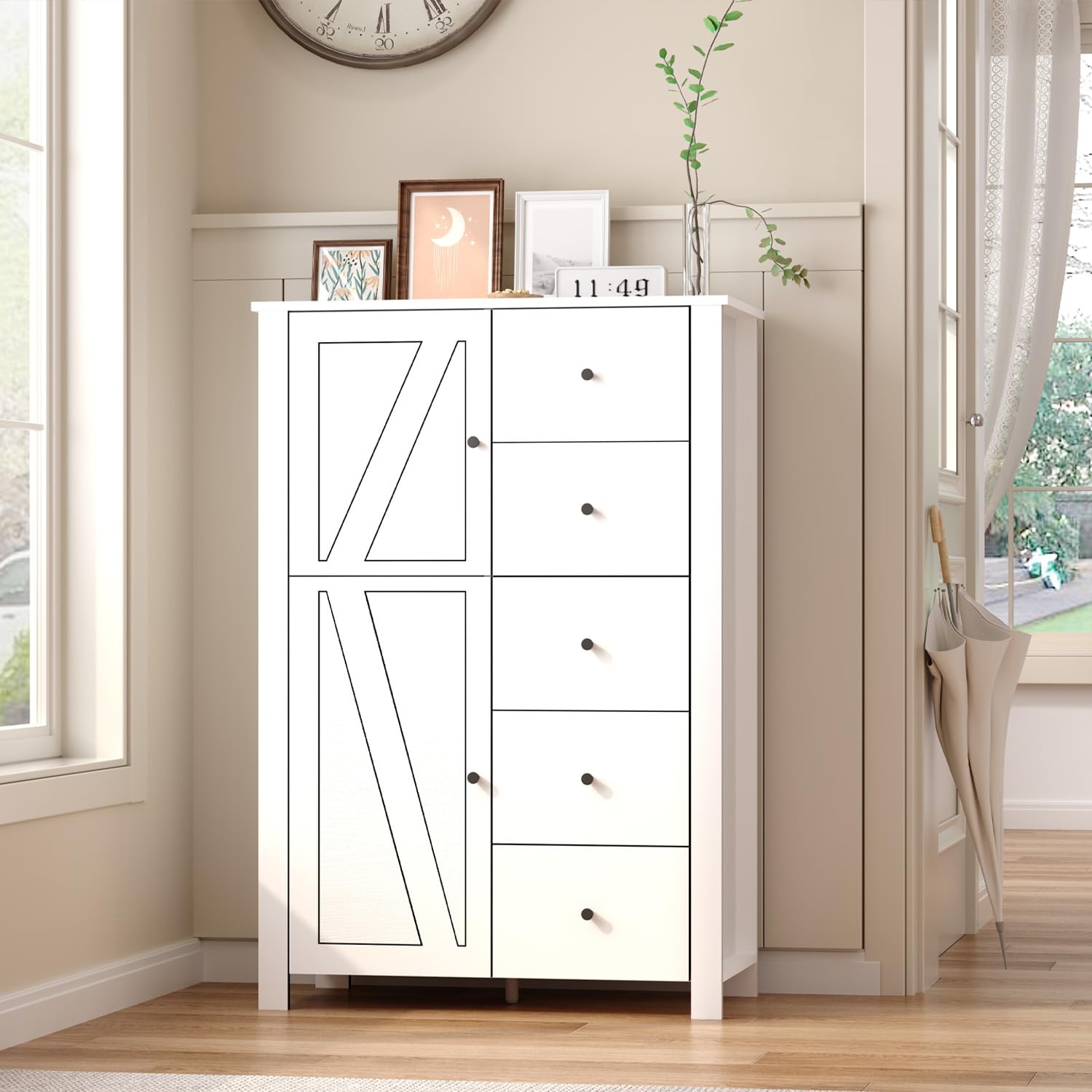 Farmhouse Storage Cabinet with 5 Drawers, Floor Cabinet with Doors,Freestanding