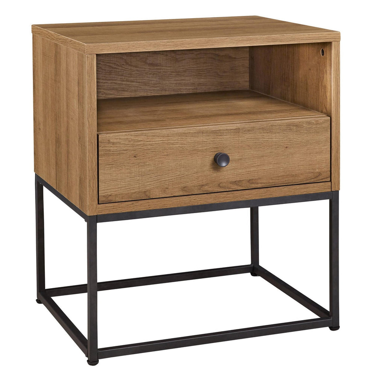 Mila 22 Inch Modern Wood Nightstand On Metal Base, Open Shelf, Brown