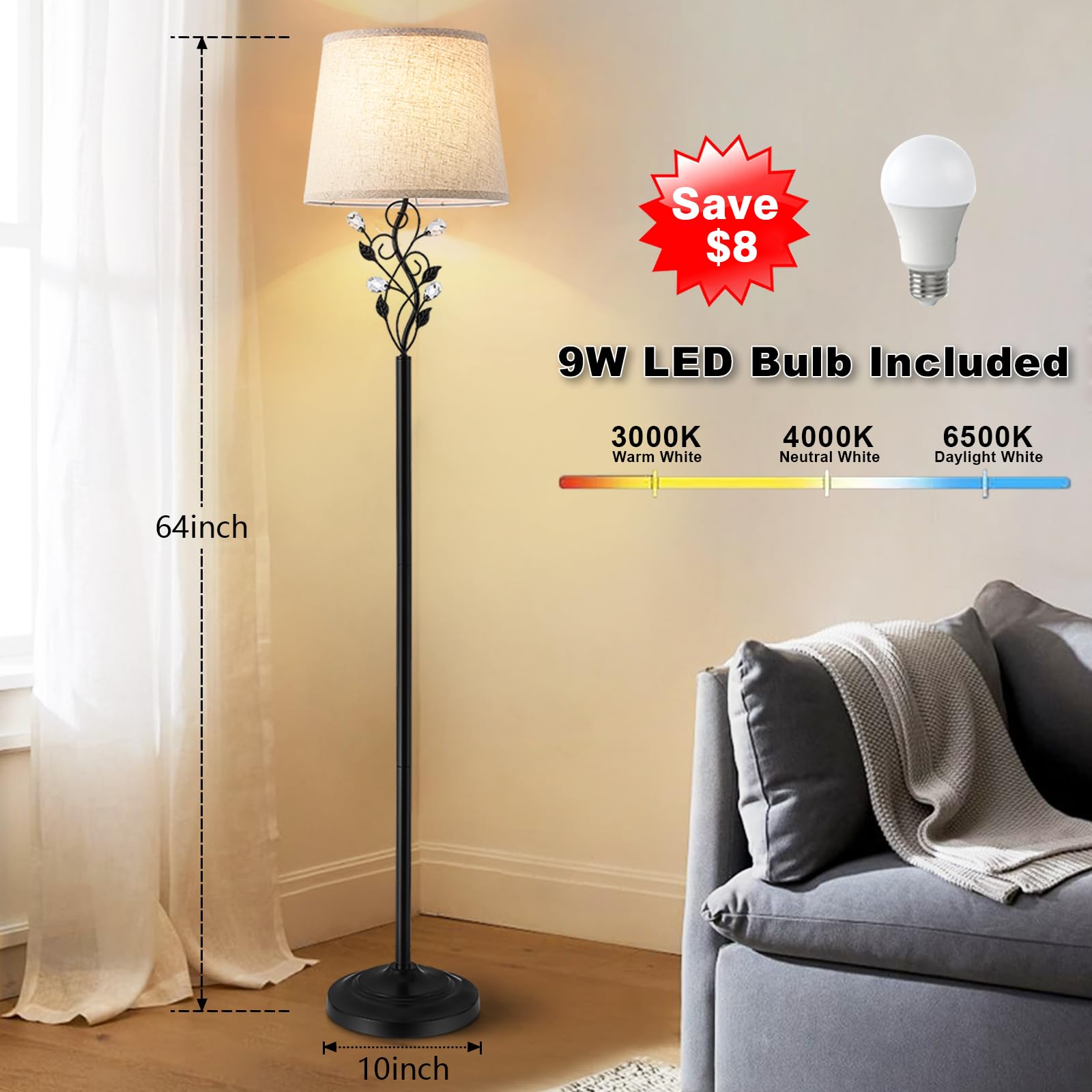 65" Farmhouse Floor Lamp with Rustic Leaf Design - 3 Color Temperatures