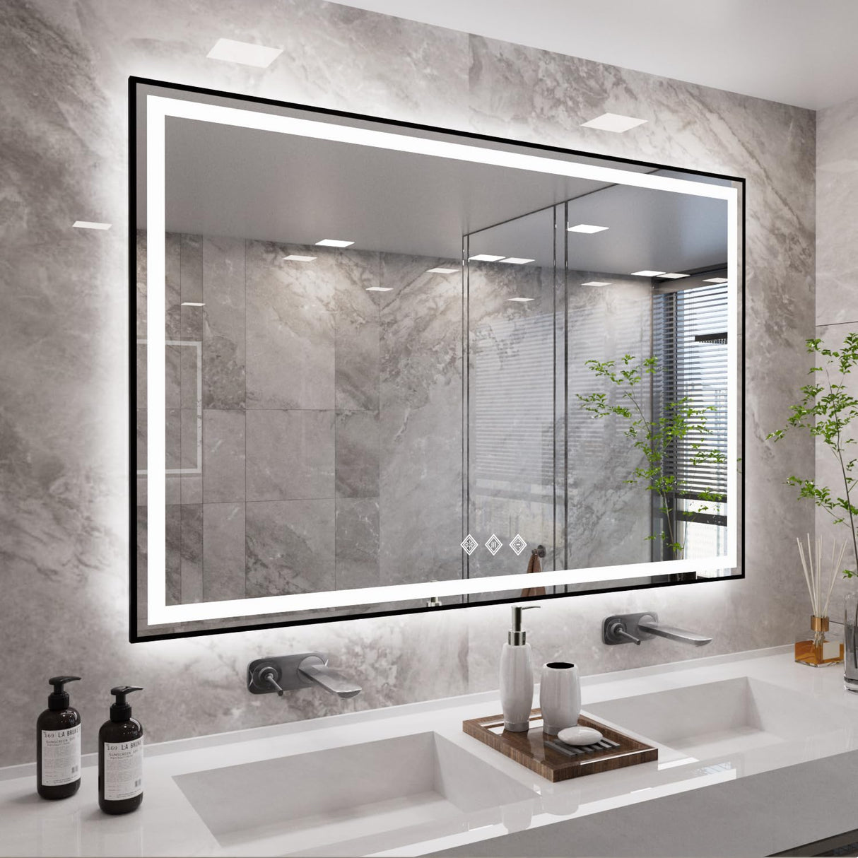 60x36 Inch Black Framed LED Bathroom Mirror with Anti-Fog