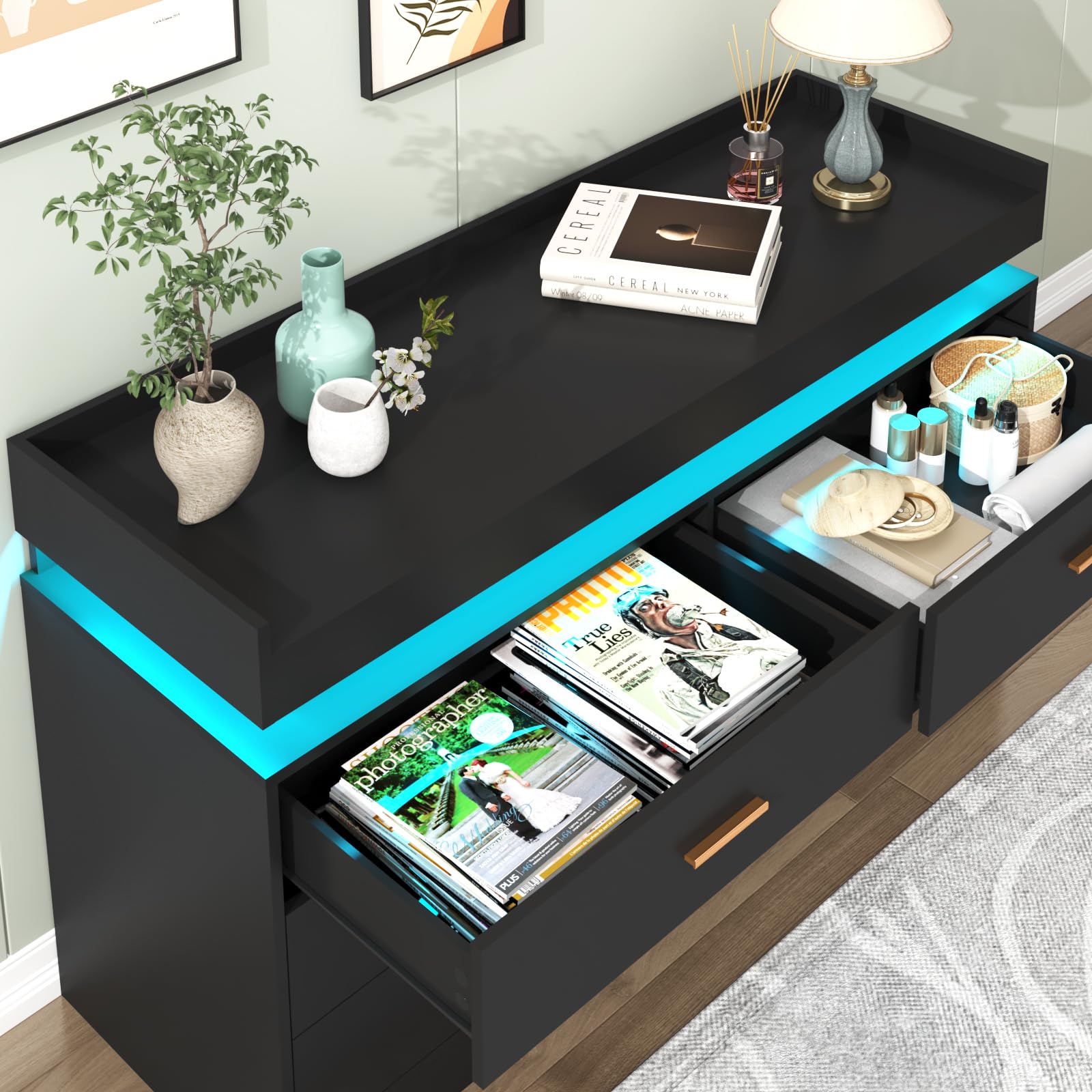 6 Drawer Dresser with LED Light, Modern Chest of Drawers