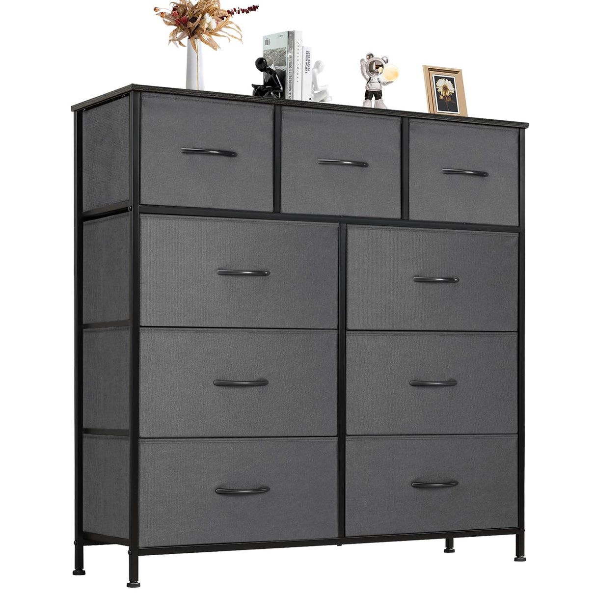 ANTONIA Dresser for Bedroom with 9 Fabric Drawers, Tall Chest Organizer Units for Clothing, Closet, Kidsroom, Storage Tower with Cabinet, Metal Frame, Wooden Top, Lightweight Nursery Furniture, Grey