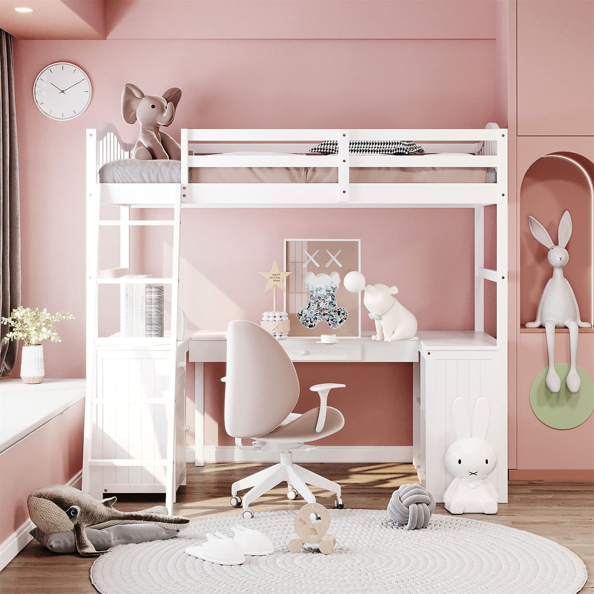 Loft Bed with Desk and Drawers, Wooden Twin Loft Bed with Storage Shelves and