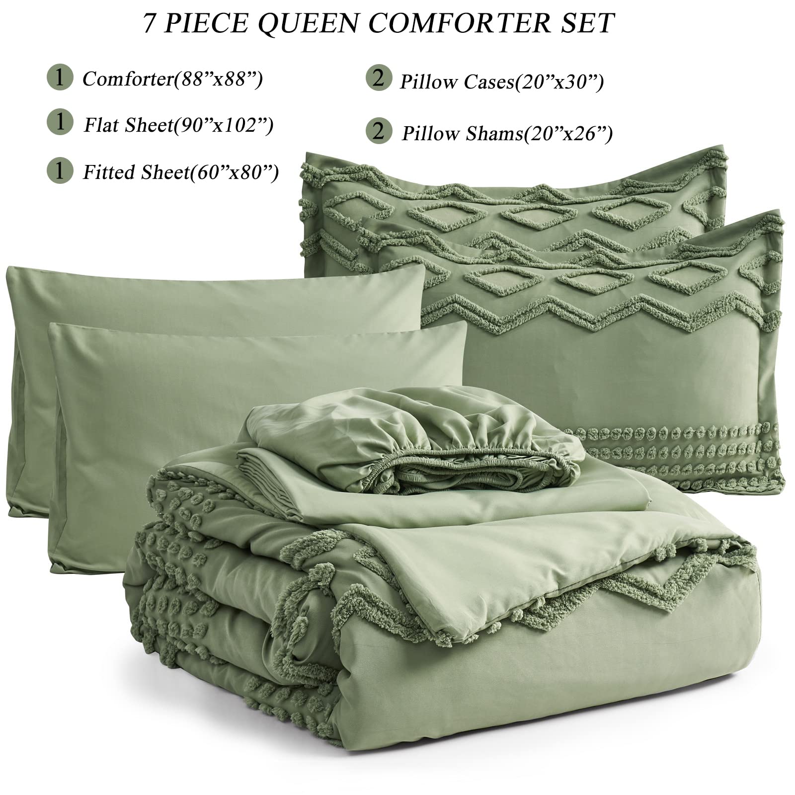 Sage Green Tufted Comforter Set Queen - 7 Piece Bed in a Bag