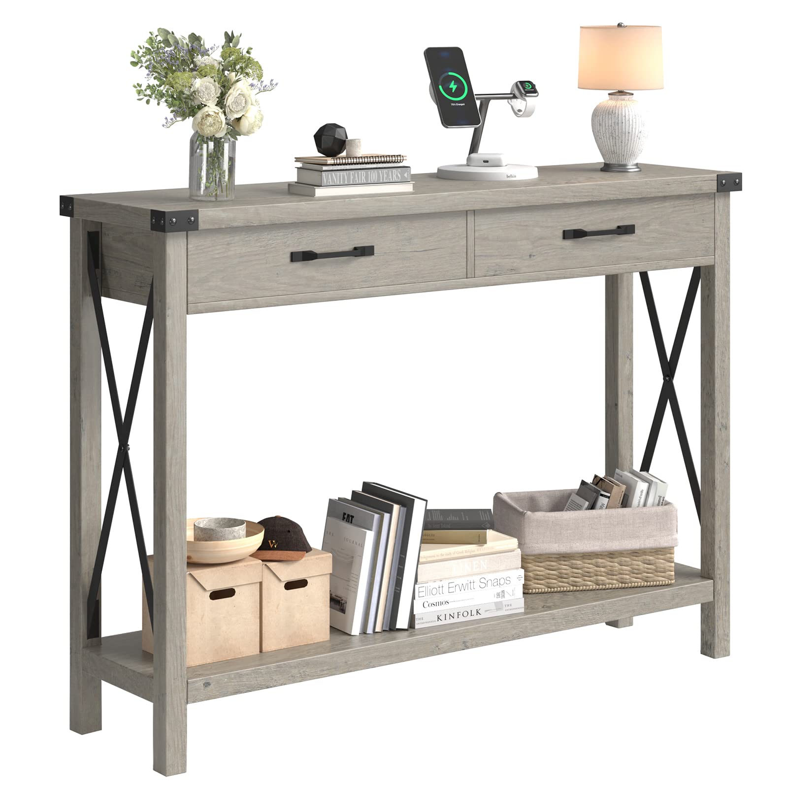Console Table with 2 Drawers, Farmhouse Entryway Table with Storage Shelf, Accent
