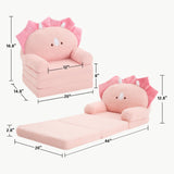 Comfy Toddler Chair, Kids Couch Fold Out to Lounger, Foldable Baby Sofa Plush for Girl and Boy Age 18 Months and Up （Pink Triceratops）