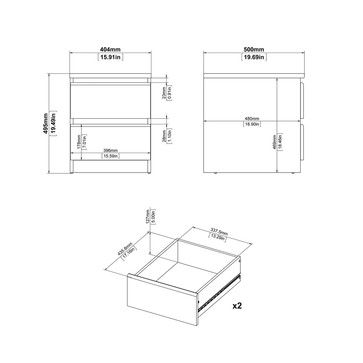 2 Drawer Bedroom Nightstand Nighstand, 19.69 in x 15.91 in x 19.49 in, Black