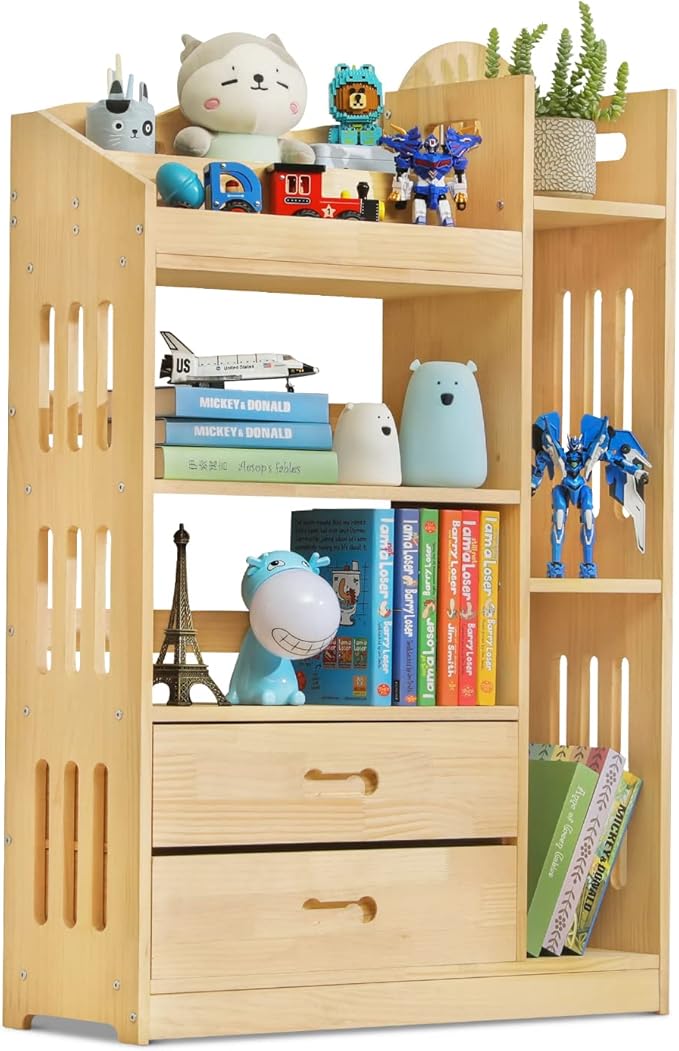 Bookshelf with Organizer, Wood Display Shelf Stand for Small Space Multifunction Storage Cabinet for Playroom, Bedroom, Natural