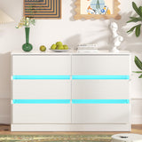 6 Drawer Dresser with LED Light, White Dresser with Tempered Glass Panel, Modern