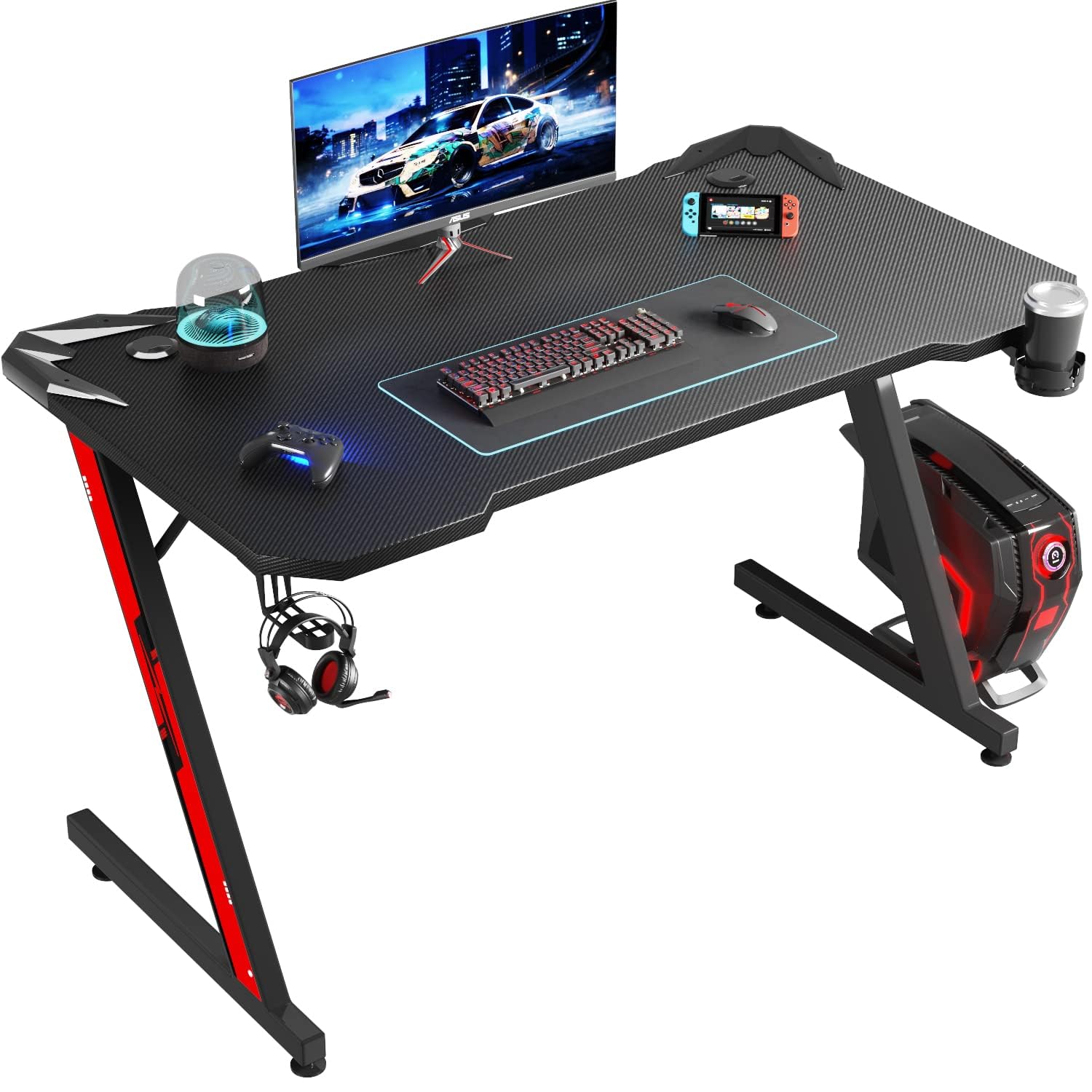 Gaming Desk 44 Inch Z Shaped Carbon Fiber Surface Desktop Computer Table with Cup Holder & Headphone Hook, Black