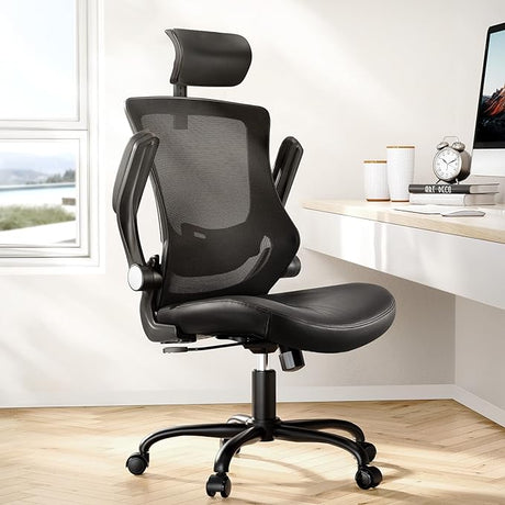 Office Chair Ergonomic Desk-Chair: Mesh Back Computer Chair with PU Leather Seat,