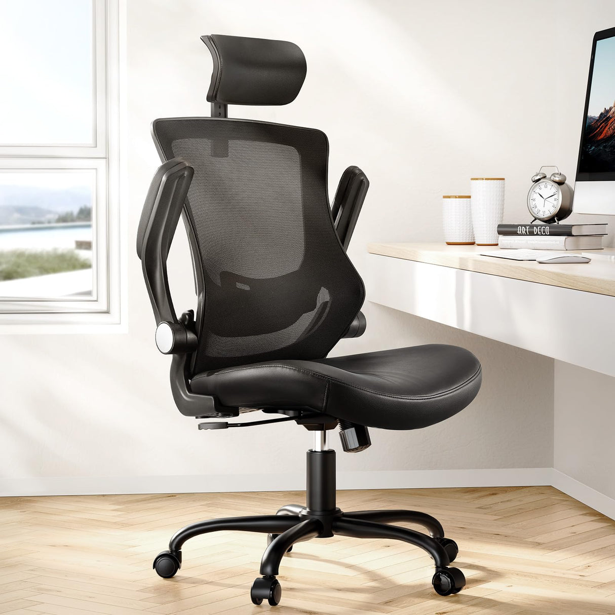 Office Chair Ergonomic Desk Chair, 360°Swivel Mesh Back Wide Computer Chair PU