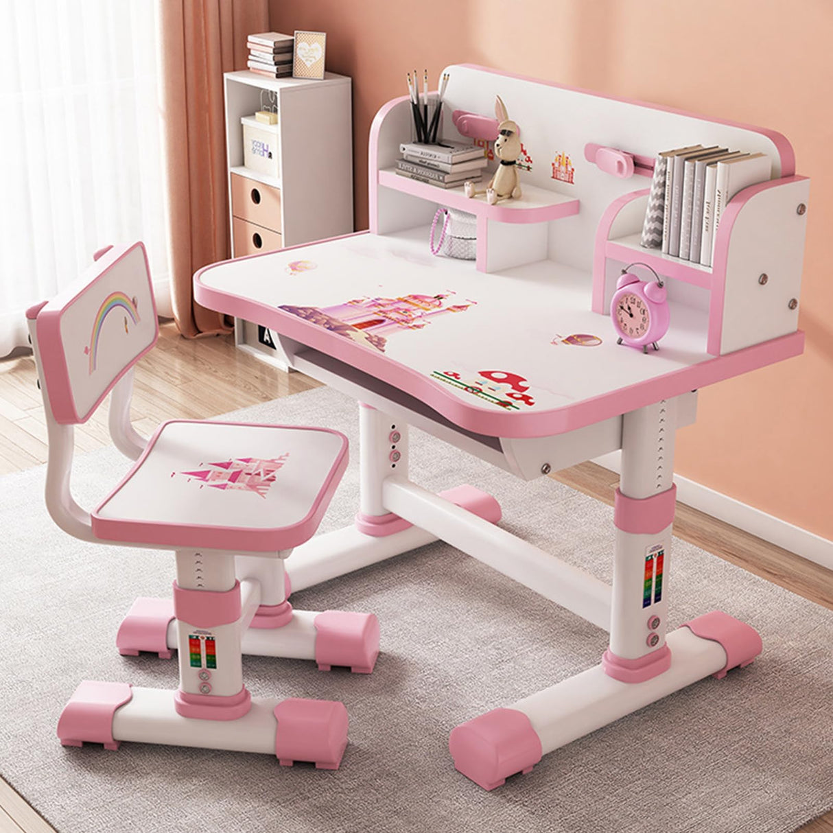 Desk and Chair Set- Height Adjustable Children School Study Desk with Castle Backboard