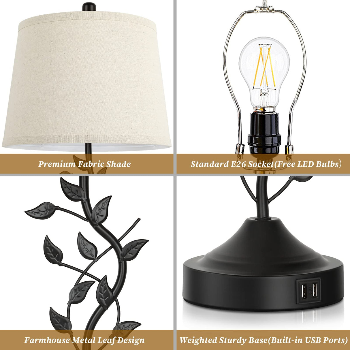 3-Way Dimmable Touch Table Lamps for Living Room Set of 2 Traditional Lamps for Bedroom with 2 USB Charging Ports Bedside Nightstand Lamps for Reading Retro Vine Lamps End Table Office, Bulbs Included