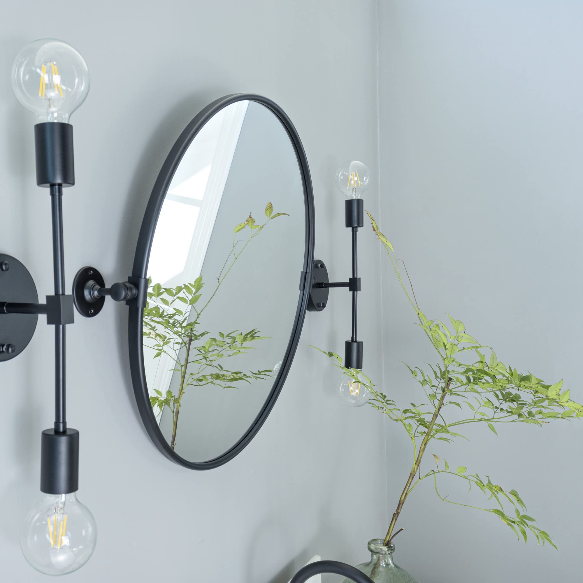 Round Pivot Bathroom Mirror - 24" Black Metal Framed Tilting Wall Mount