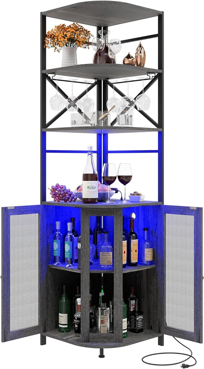 Wine Bar Cabinet with Power Outlet, 6-Tiers Industrial Wine Cabinet