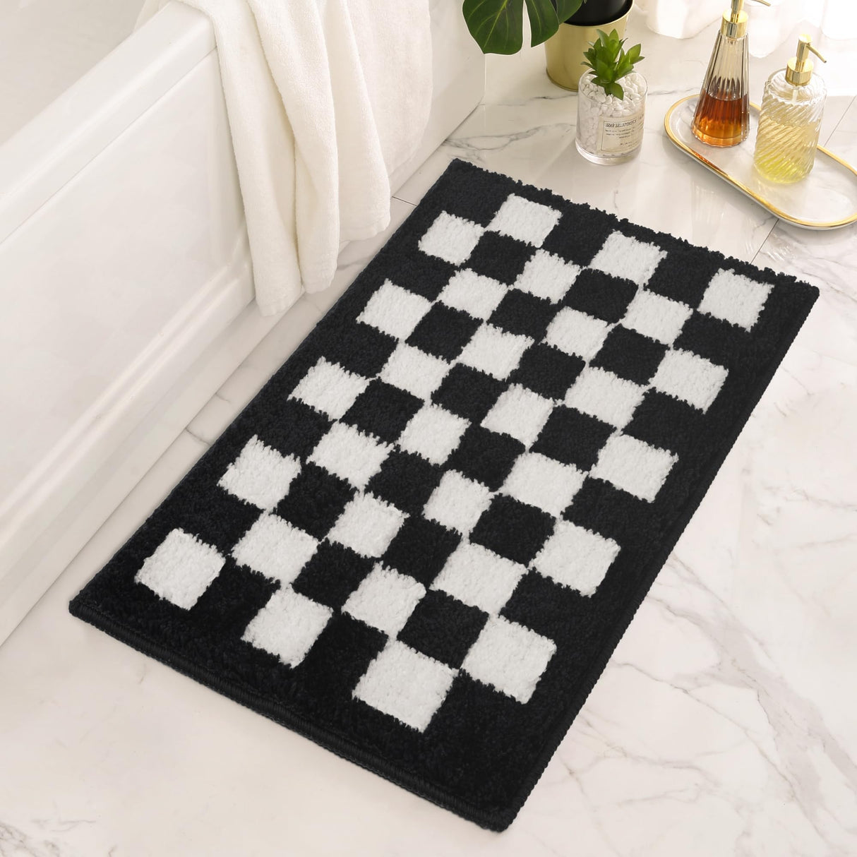 GRANNY SAYS Checkered Black Bathroom Rugs, 24" x 16", Non-Slip Bath Mats for Bathroom, Plush Shag Absorbent Microfiber Ultra Soft Bath Mat, Cute Washable Rug for Tub, Shower, Bedroom