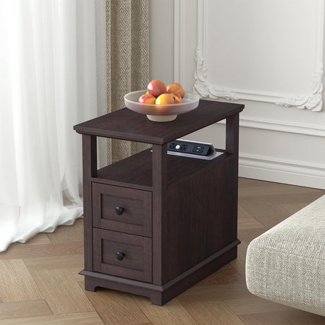 End Table with 2 Drawers, Storage Side Table with Flip Top Fast Charging Station