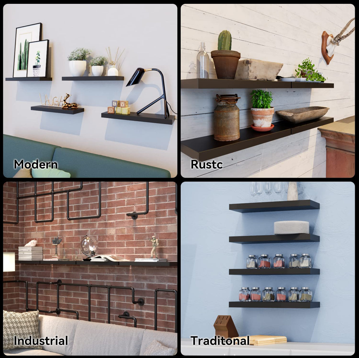 Black Floating Shelves for Wall, 4 Sets Wall Mounted Shelves