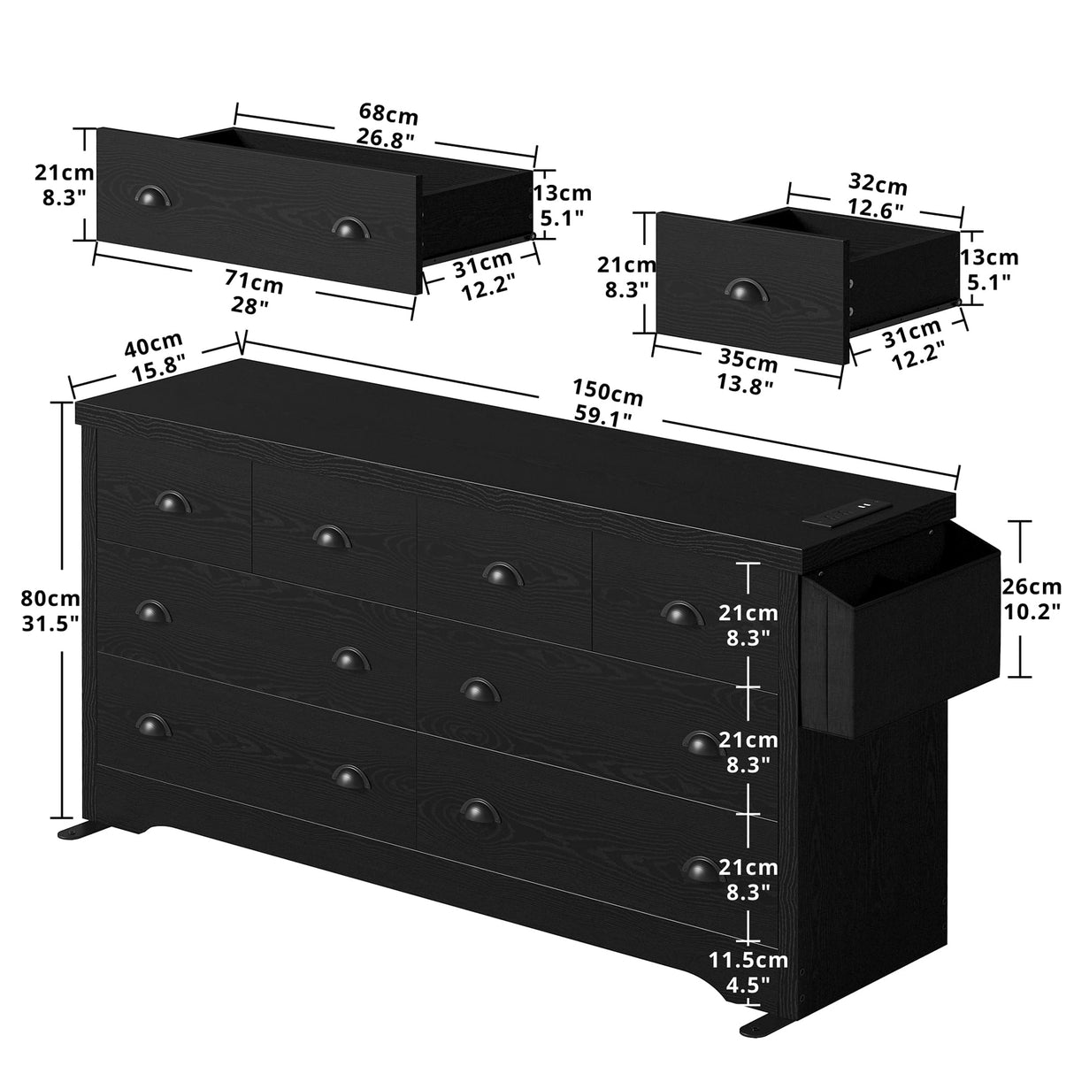 Dresser 8 Drawer with Charging Station and Storage Bag, Wood Storage Chest of Drawers for Bedroom Living Room Hallway Entryway, Black