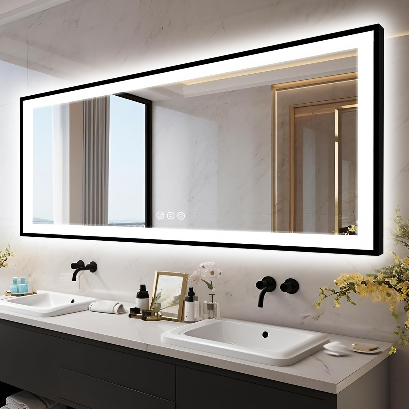 LED Bathroom Mirror with Lights - Black Aluminum(Front and Backlit)