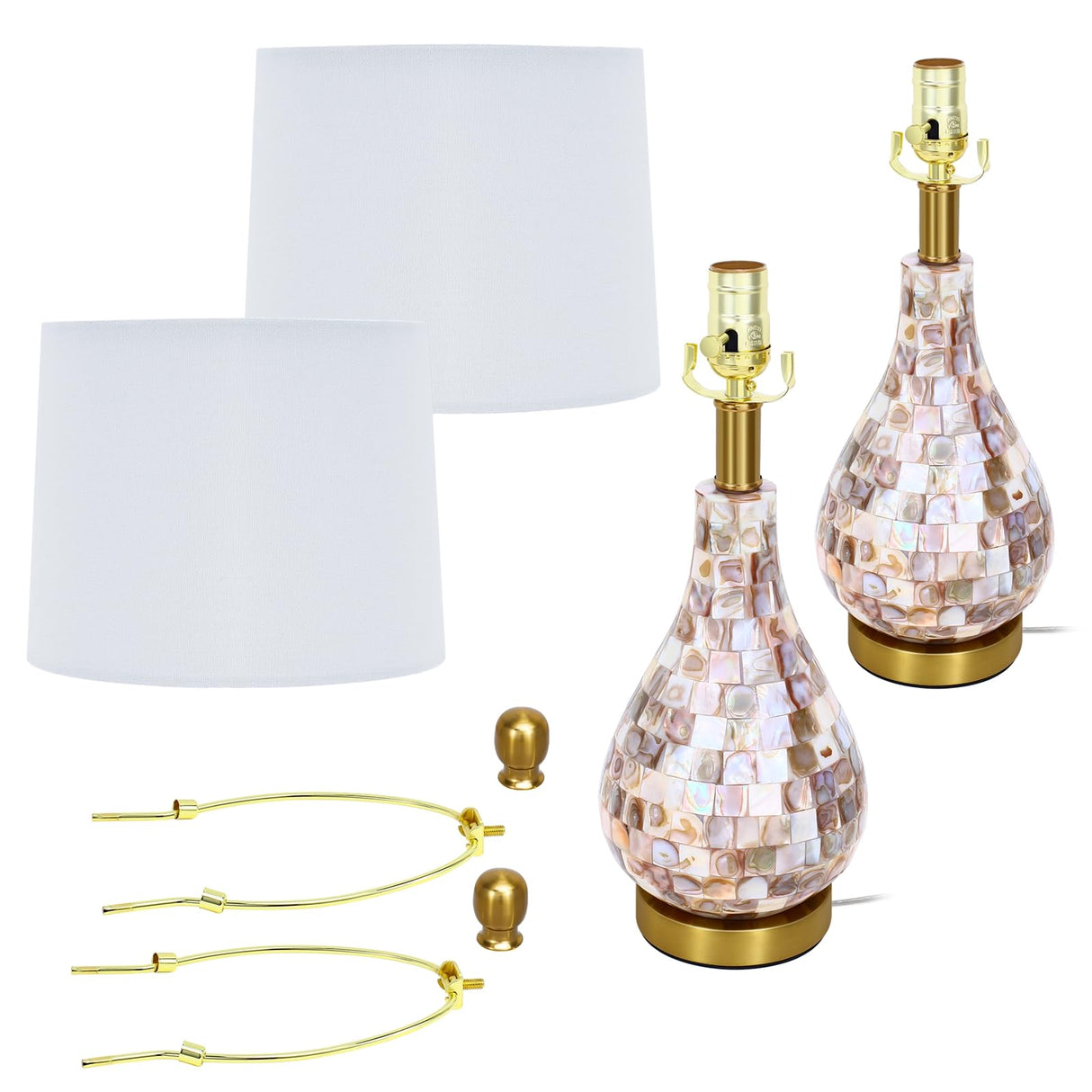 Modern Coastal Table Lamps Set of 2, Natural Mother of Pearl Tiles 23.5" Bedside Lamp,