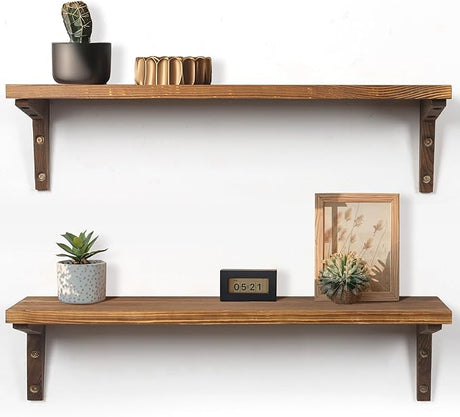 Wood Shelves for Wall, 24 Inch Rustic Floating Shelf with L Brackets for Bedroom Living