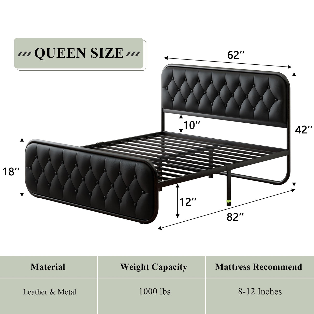 Queen Size Bed Frame, Heavy Duty Bed Frame with Faux Leather Headboard