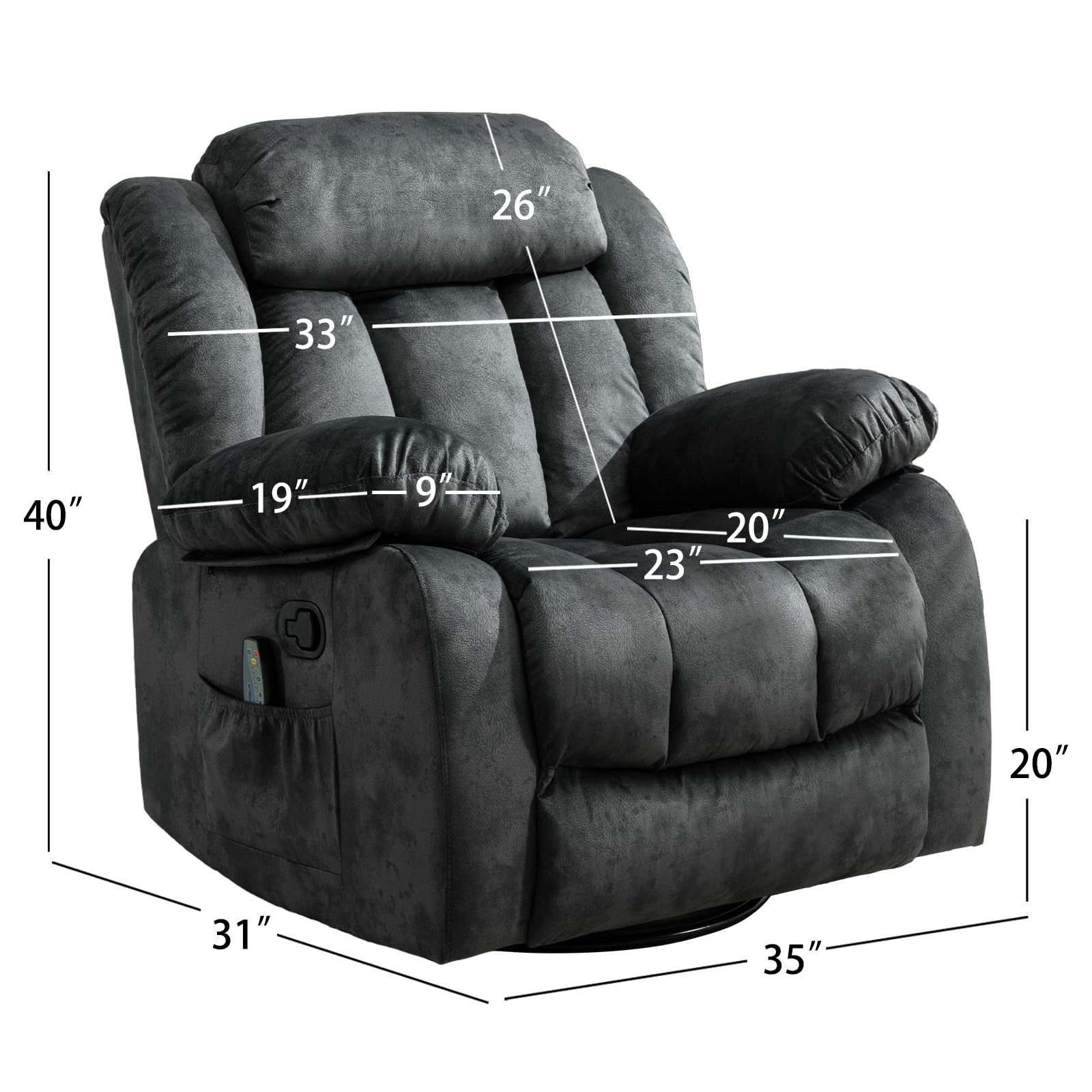 ThermaGlide Massage Swivel Rocker Recliner Chair with Heat & Storage Pocket