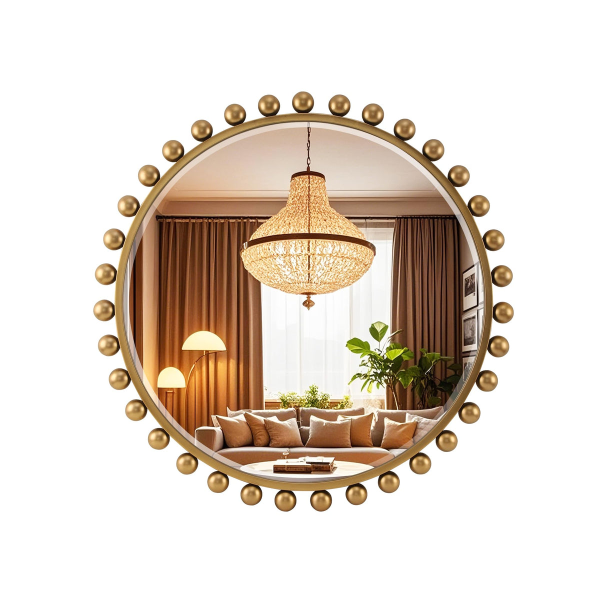 Antique Gold Round Mirror with Beveled Glass - 30 Inch Beaded Decorative Wall Mirror