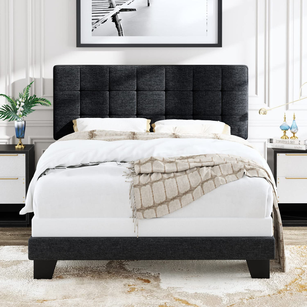 Queen Size Panel Bed Frame with Adjustable Headboard for High Profile/Fabric Upholstered/Square Stitched Padded Headboard/Box Spring or Bunkie Board Required/Dark Grey