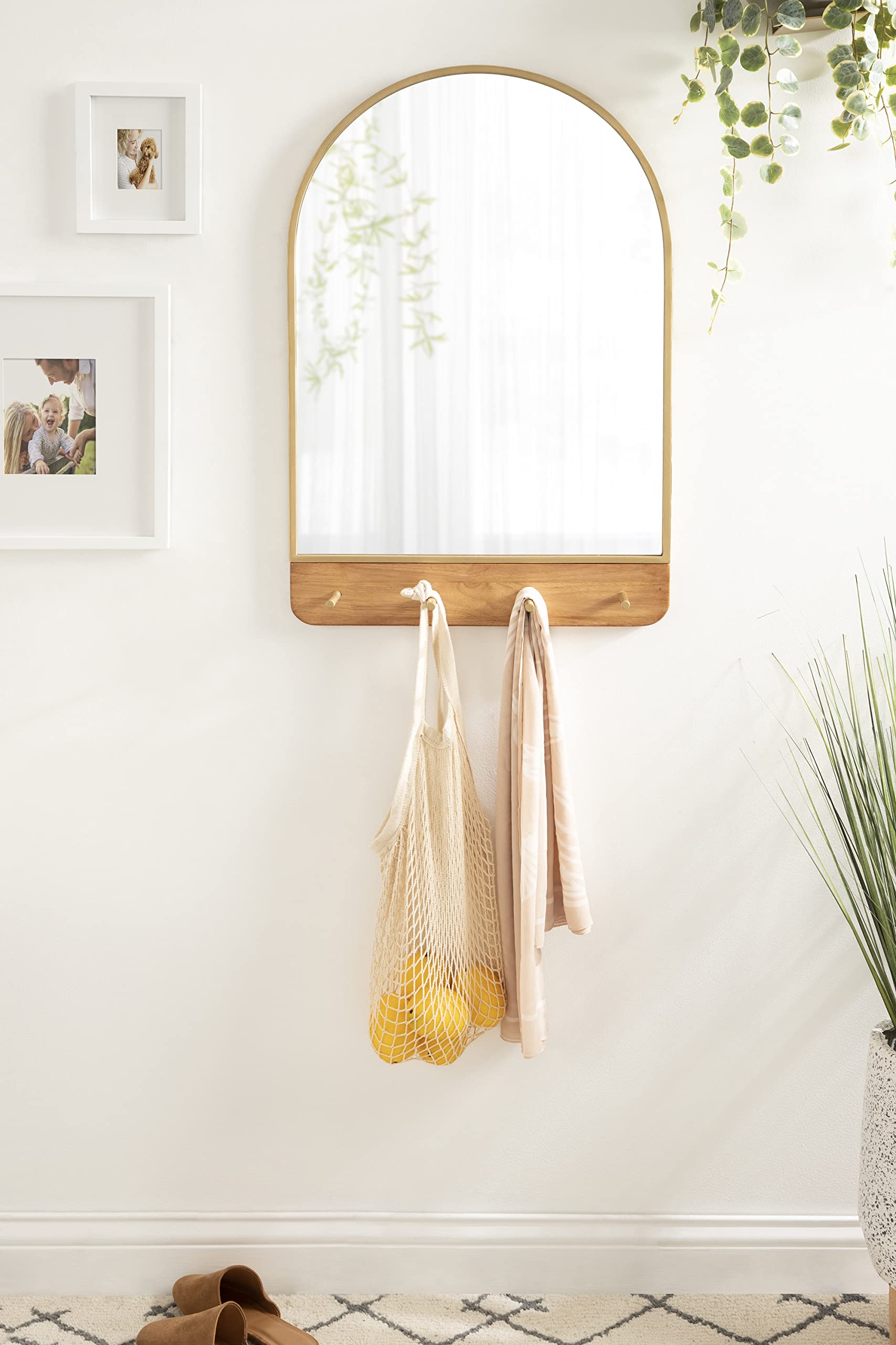 Schuyler Arched Wall Mirror with Hooks, 20 x 31, Gold and Natural Wood