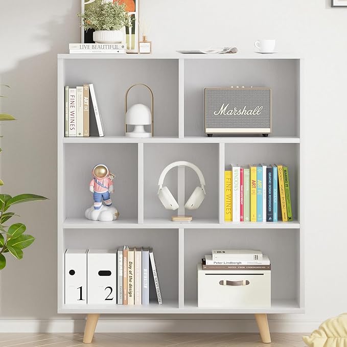 7 Cube Bookshelf, 3 Tier Mid-Century Modern Bookcase with Legs