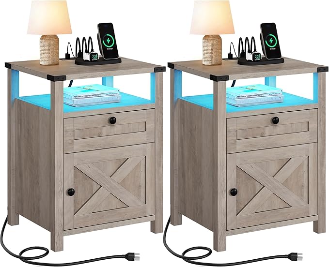 Farmhouse Nightstand with LED Lights & Charging Station, Night Stands with Drawer for Bedroom