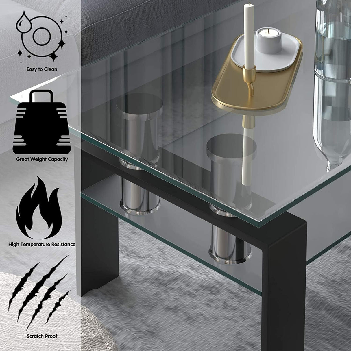 Glass Coffee Table, Rectangular Coffee Table with Metal Legs &Storage Shelf