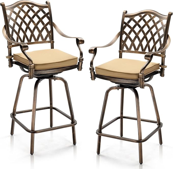 Set of 2 Outdoor Swivel Bar Stools-Cast Aluminum, Bar Height Patio Chairs