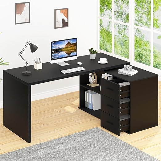 L Shaped Computer Desk with Drawers, 360 Rotating L Shape Desk with Storage Cabinet