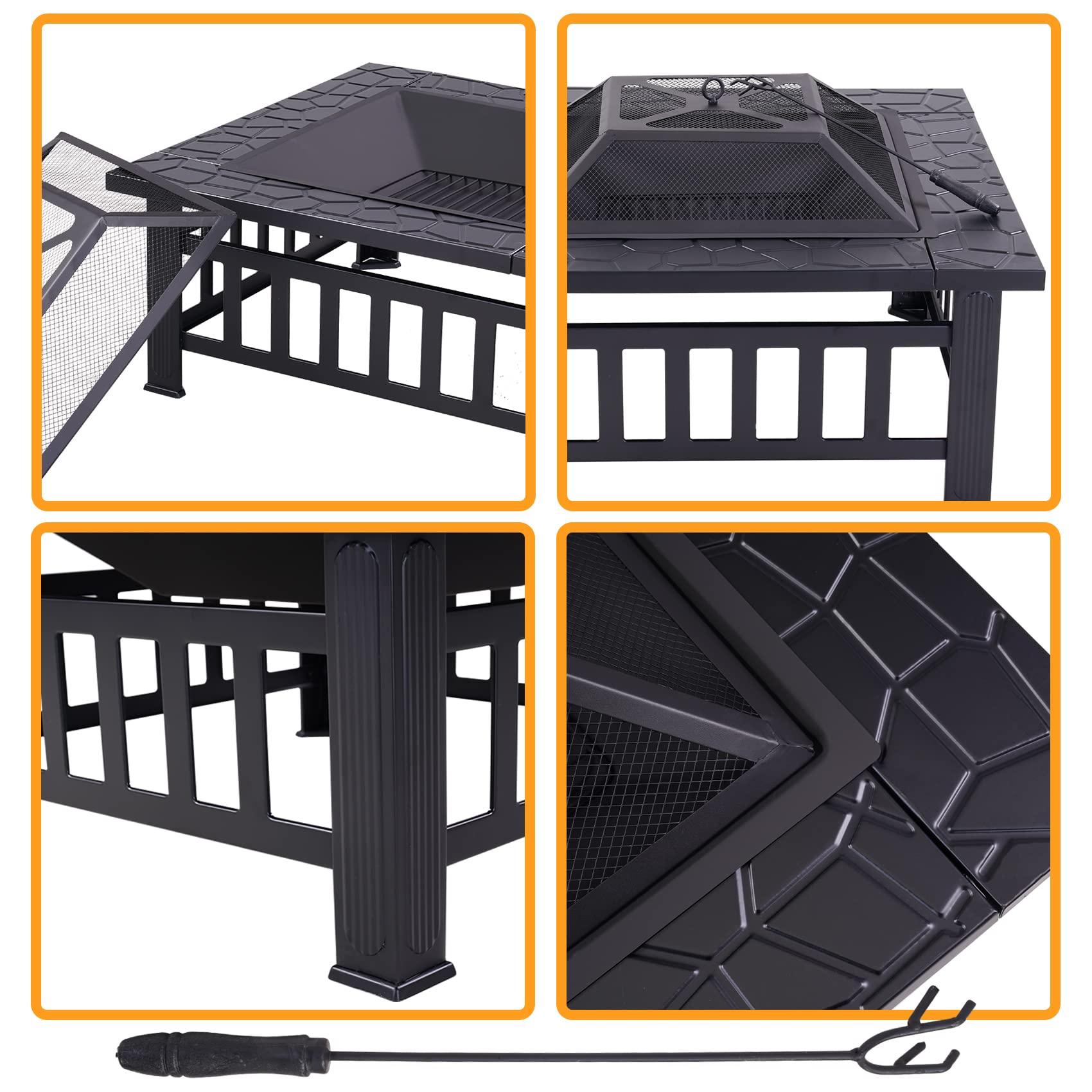 Redeo Outdoor Fire Pit Wood Burning Square FirePit for Outside Backyard Heating BBQ Drink Lawn Decoration (32 Inch)