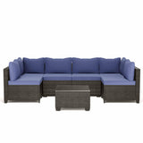7-Piece Outdoor Patio Furniture, PE Rattan Patio Furniture Set All Weather Sectional Conversation Sets with Cushions, Outside Sofa with Tempered Glass Table for Garden (Dark Bluer-7PCS)