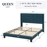 Queen Size Platform Bed Frame with Wingback, Fabric Upholstered Square Stitched