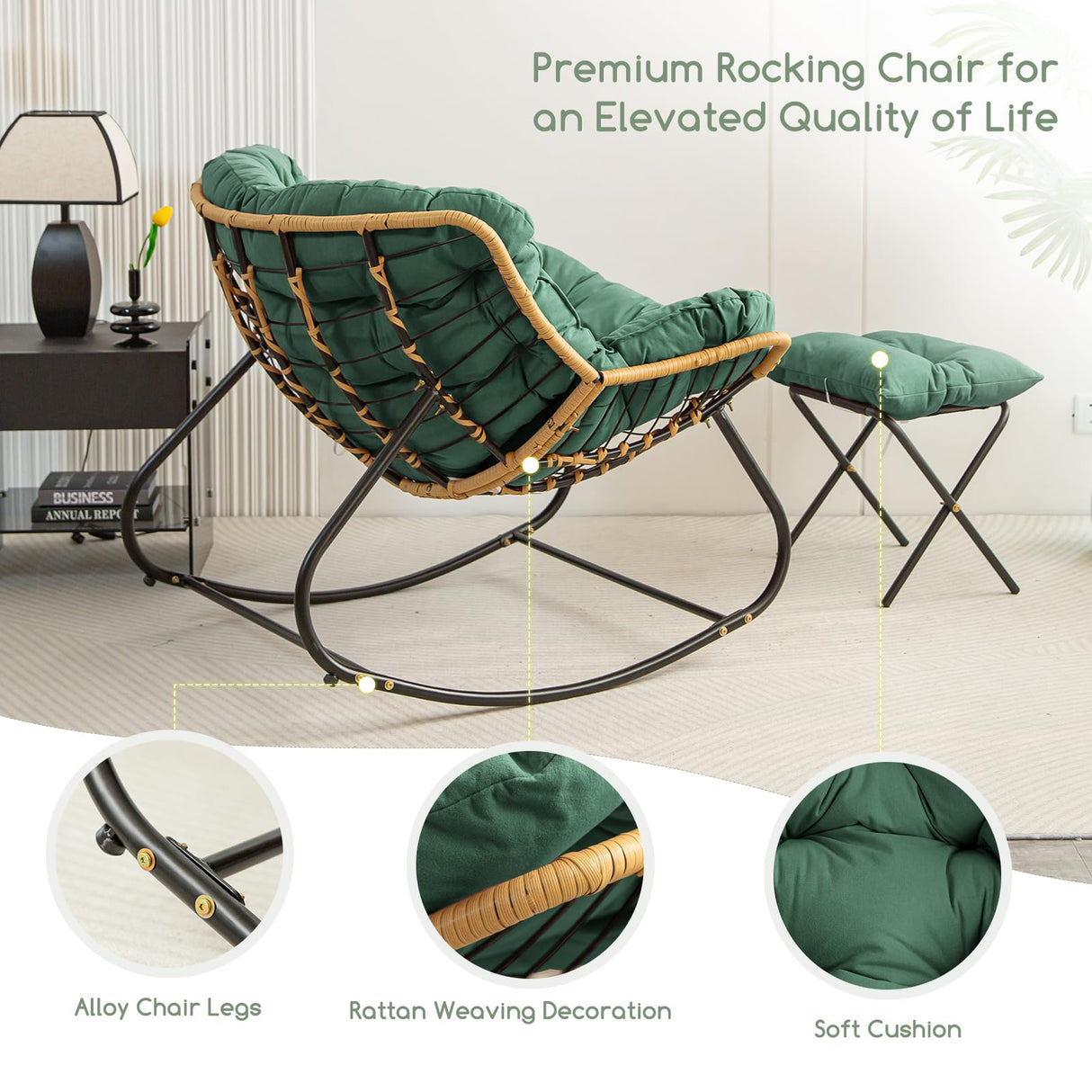 Indoor Rattan Rocking Chair with Footstool, Giant Lazy Lounge Chair Removable Padded