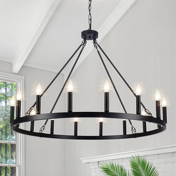 12-Light Large Wagon Wheel Chandelier, Farmhouse Black Chandelier