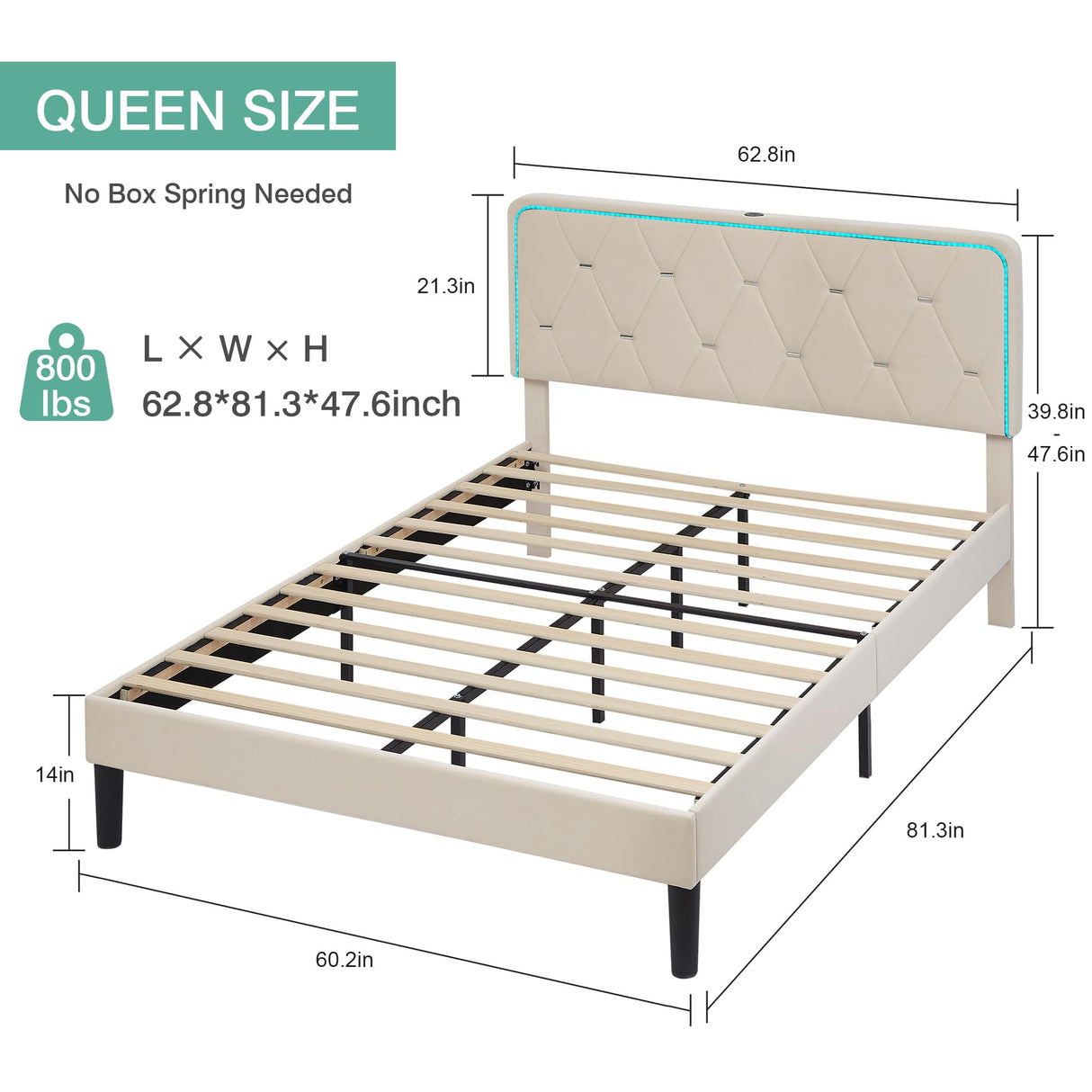 Upholstered Queen Bed Frame with Headboard Adjustable,