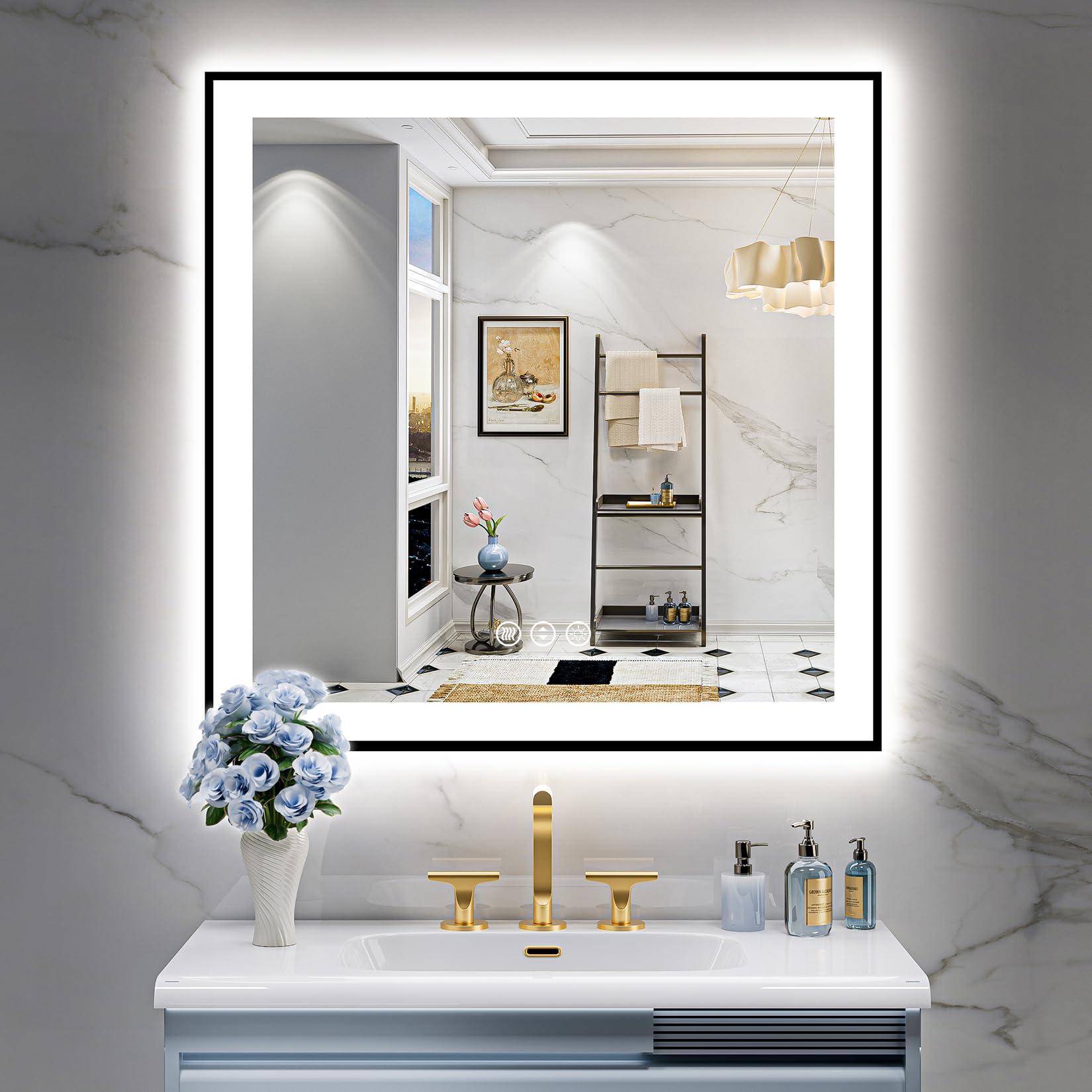 LED Bathroom Mirror with Lights  Black Framed Front and Backlit LED Mirror