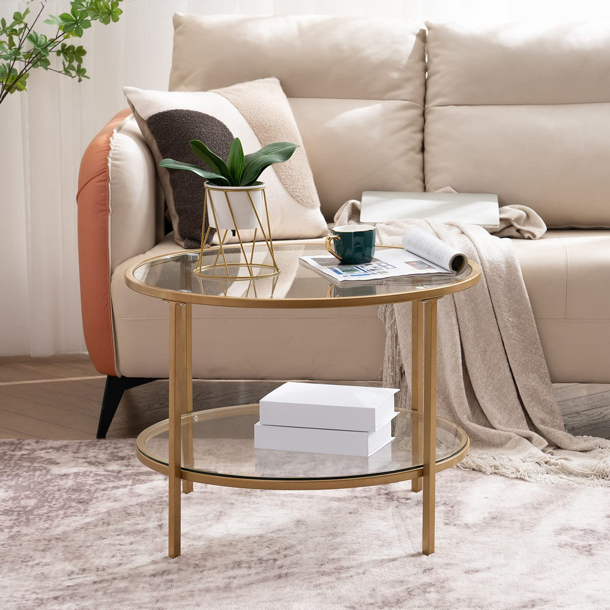 25.6" Round Gold Coffee Tables for Living Room, 2-Tier Glass Top Coffee Table