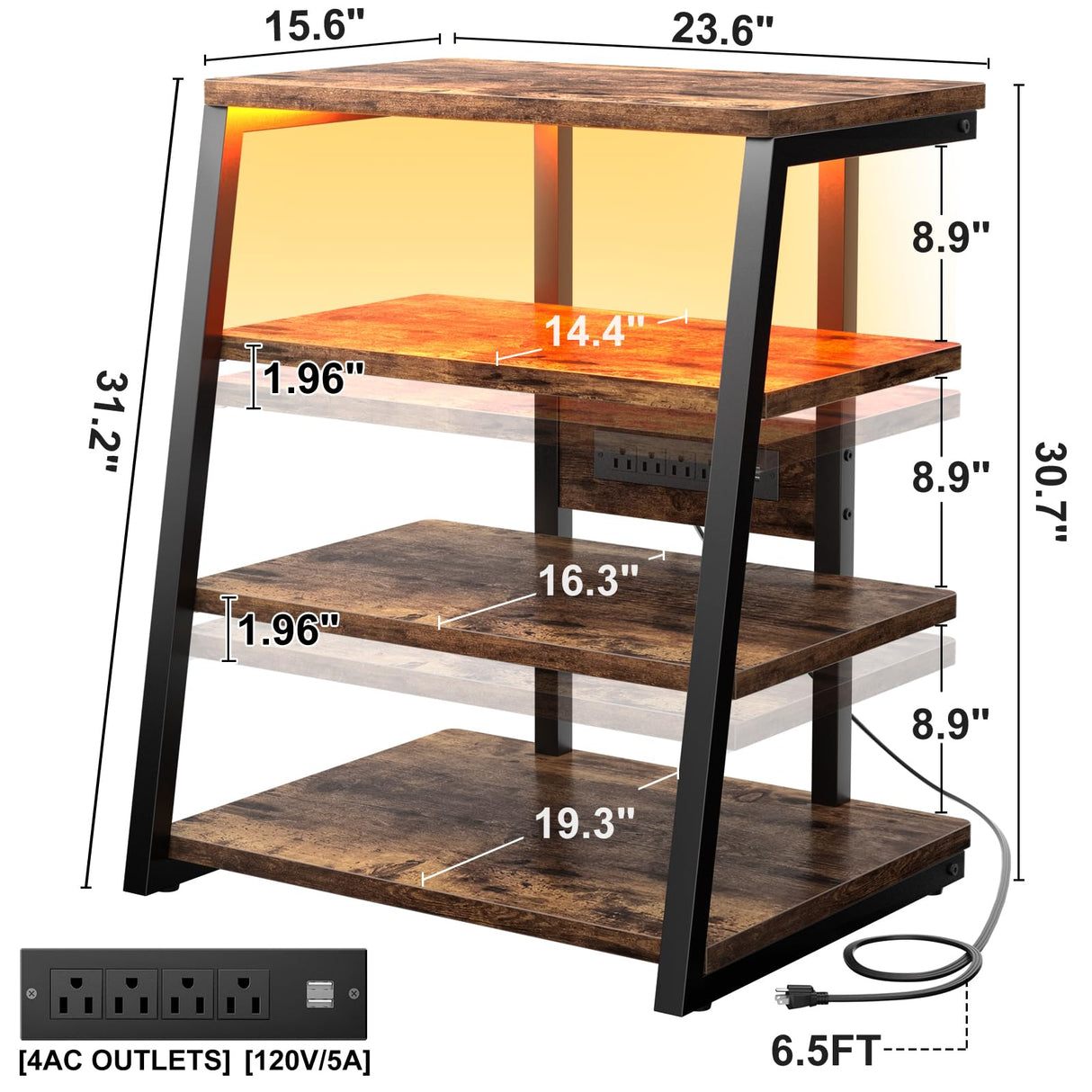 4-Tier AV Media Stand with Power Strips, Corner TV Stand with LED Lights