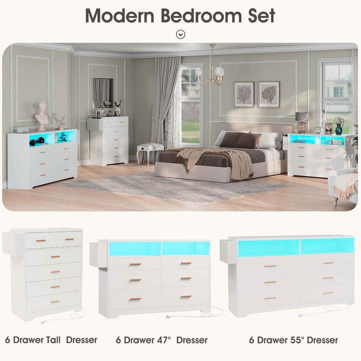 6 Drawer Dresser for Bedroom with Charging Station, Modern Chest of Drawers for Closet,