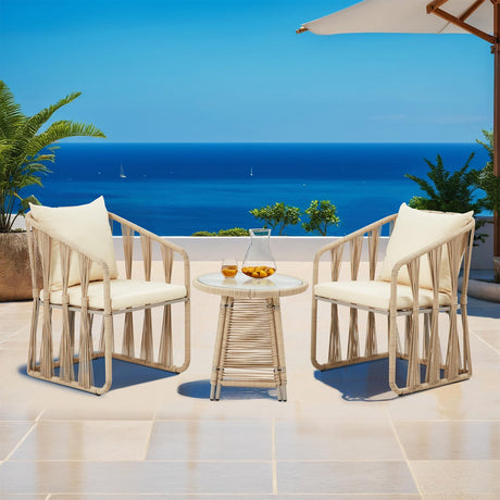 3 Piece Patio Rattan Bistro Set, Outdoor All Weather Wicker Furniture Chairs