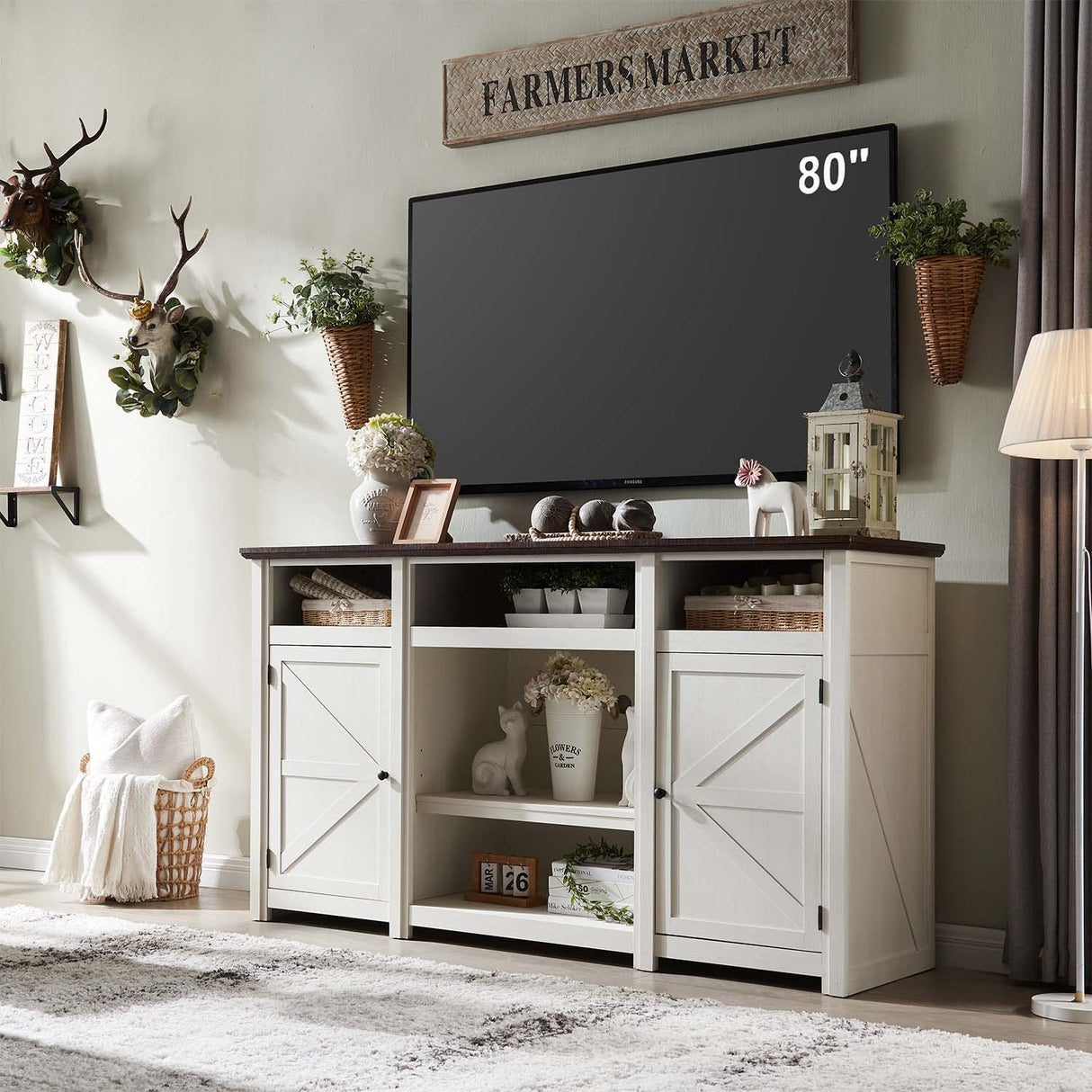 Farmhouse TV Stand for TVs Up to 80 inches, 39" Tall Highboy Entertainment Center